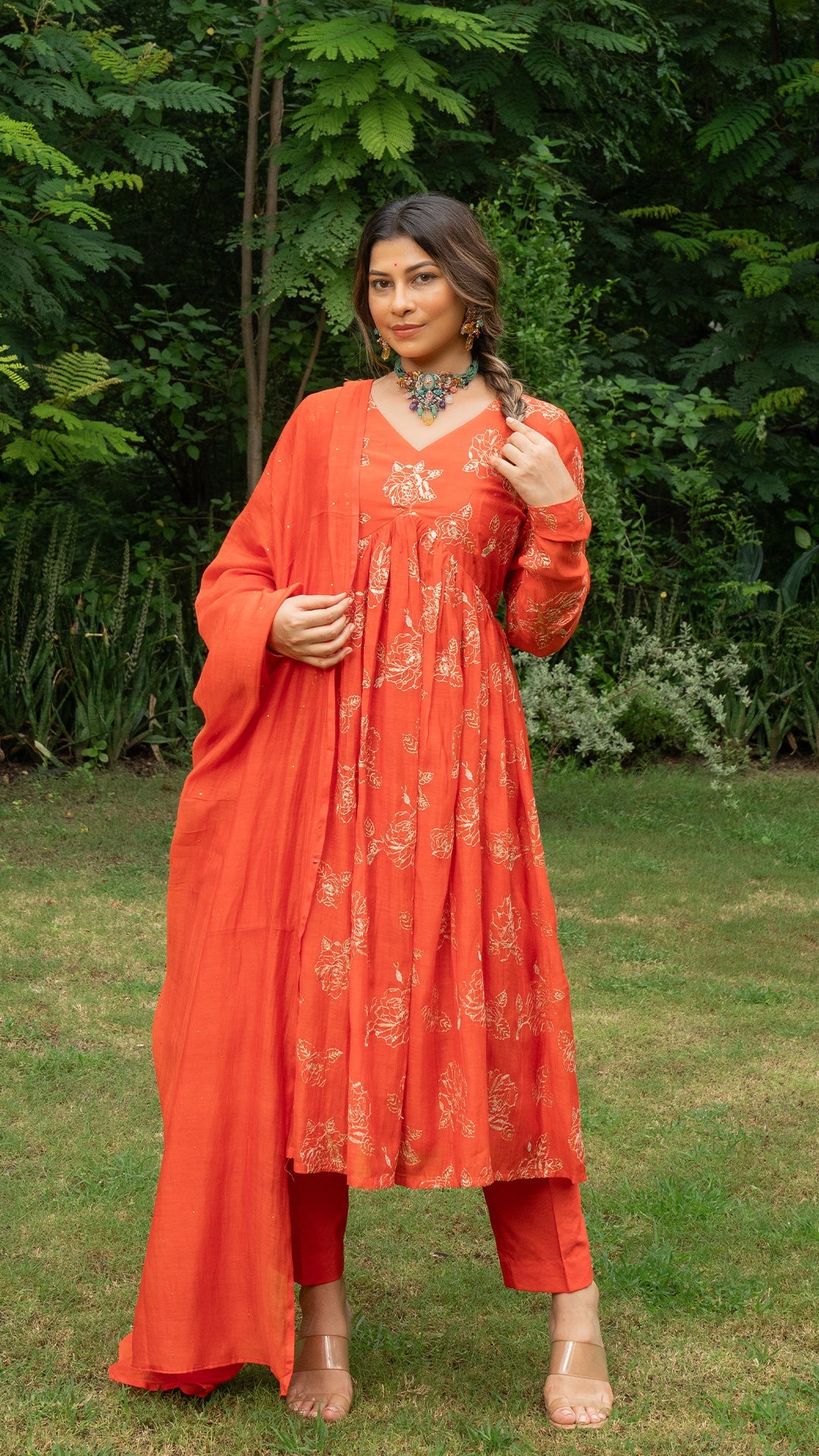 Jayati Golden Embroidered Chanderi Kurta Set - Orange