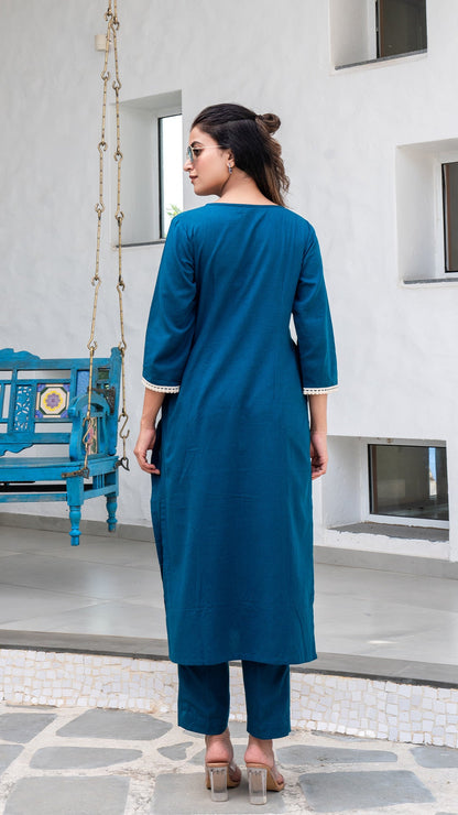 Blue Cotton Kurta With Embroidered Patch