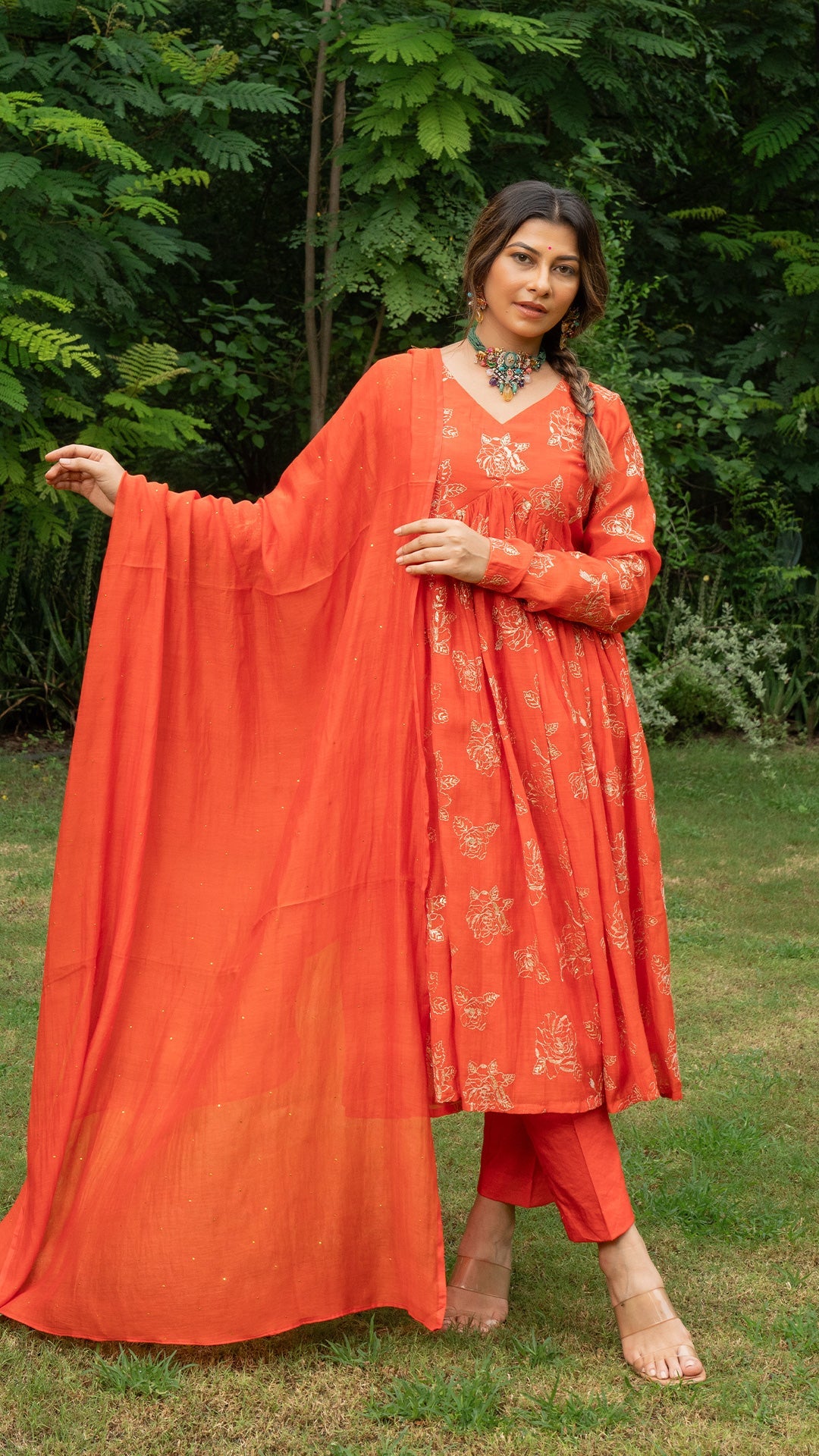 Jayati Golden Embroidered Chanderi Kurta Set - Orange