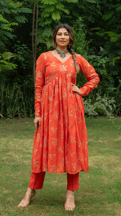 Jayati Golden Embroidered Chanderi Kurta Set - Orange