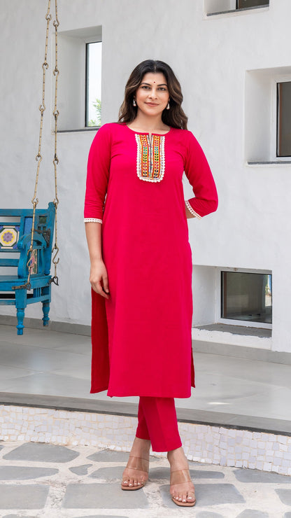 Rani Pink Cotton Kurta With Embroidered Patch