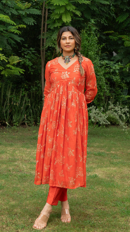 Jayati Golden Embroidered Chanderi Kurta Set - Orange