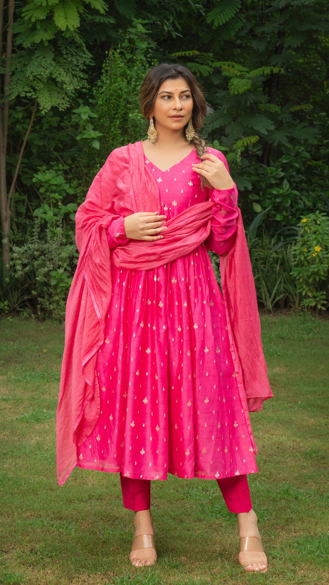 Tasneem Woven Chanderi Kurta Set - Rani Pink