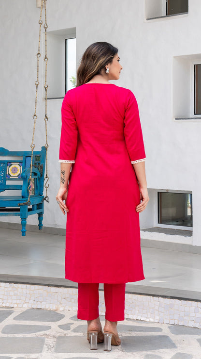 Rani Pink Cotton Kurta With Embroidered Patch