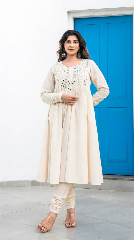 Ivory Mirror Embroidered Kurta In Cotton