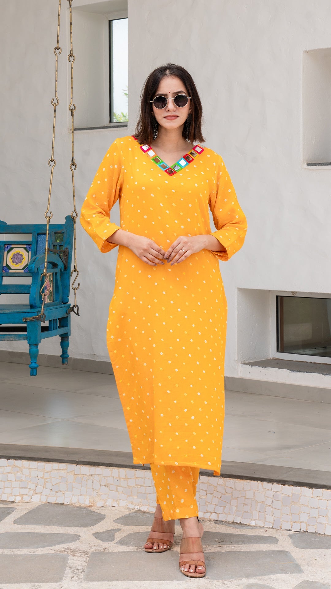 Yellow Bandhani Cotton Kurta With Embroidered Patch