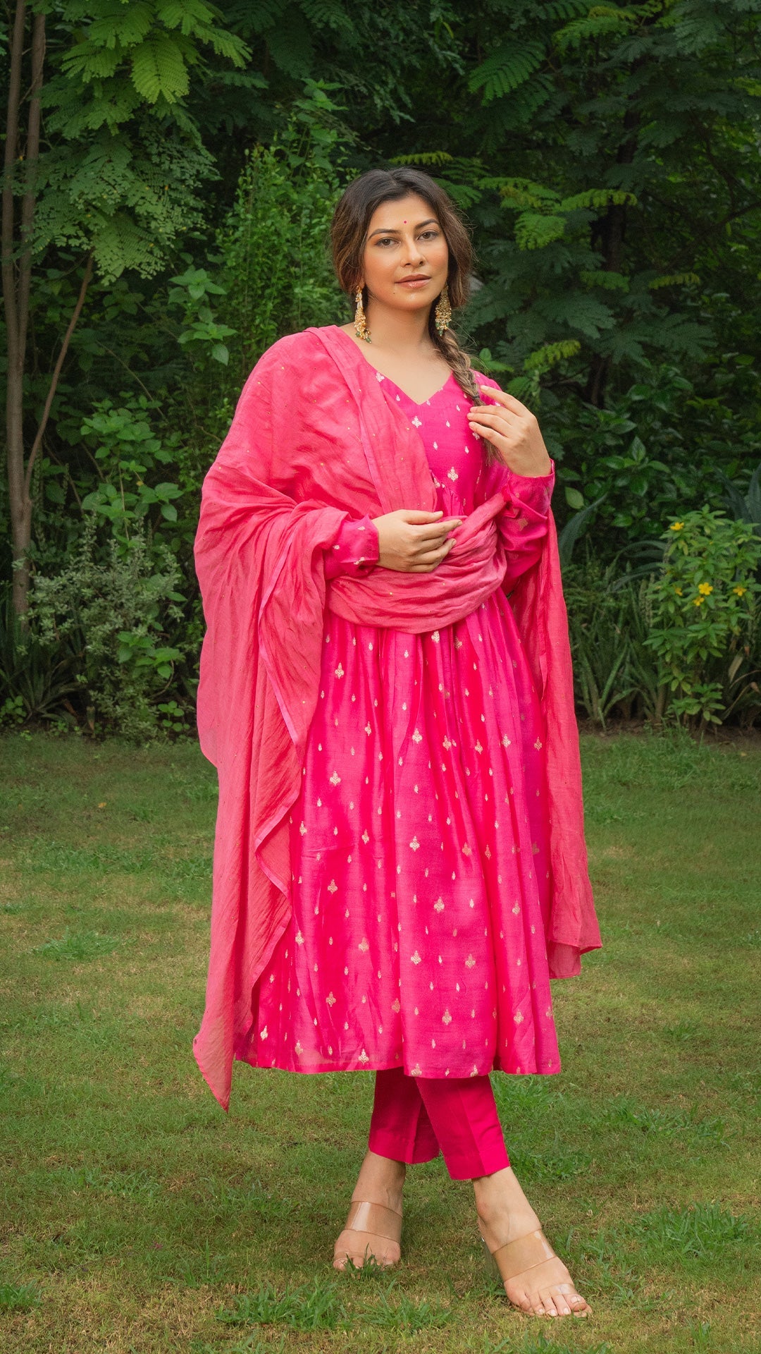 Tasneem Woven Chanderi Kurta Set - Rani Pink