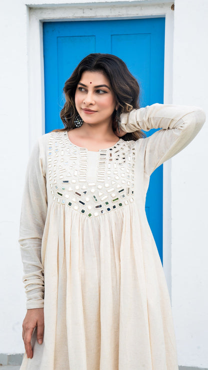 Ivory Mirror Embroidered Kurta In Cotton