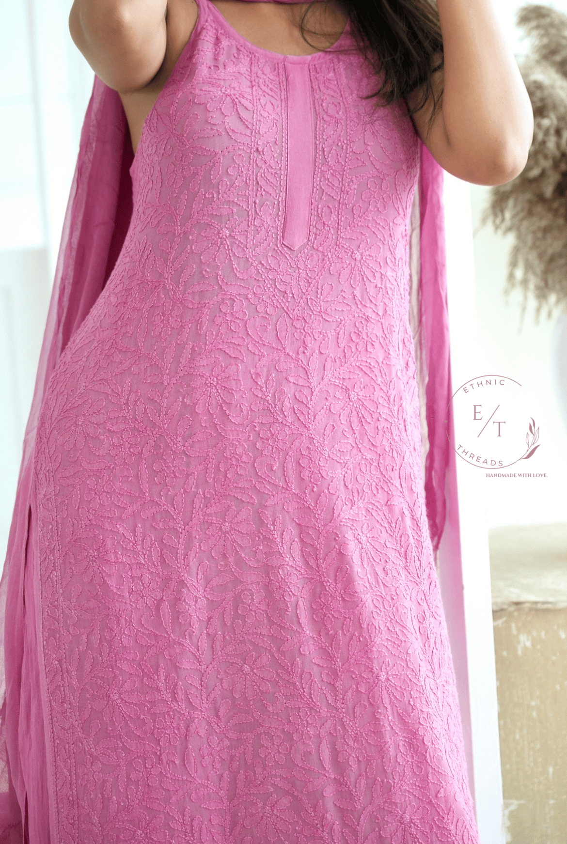 Riva Chikankari noodle strap long kurti in Rose pink