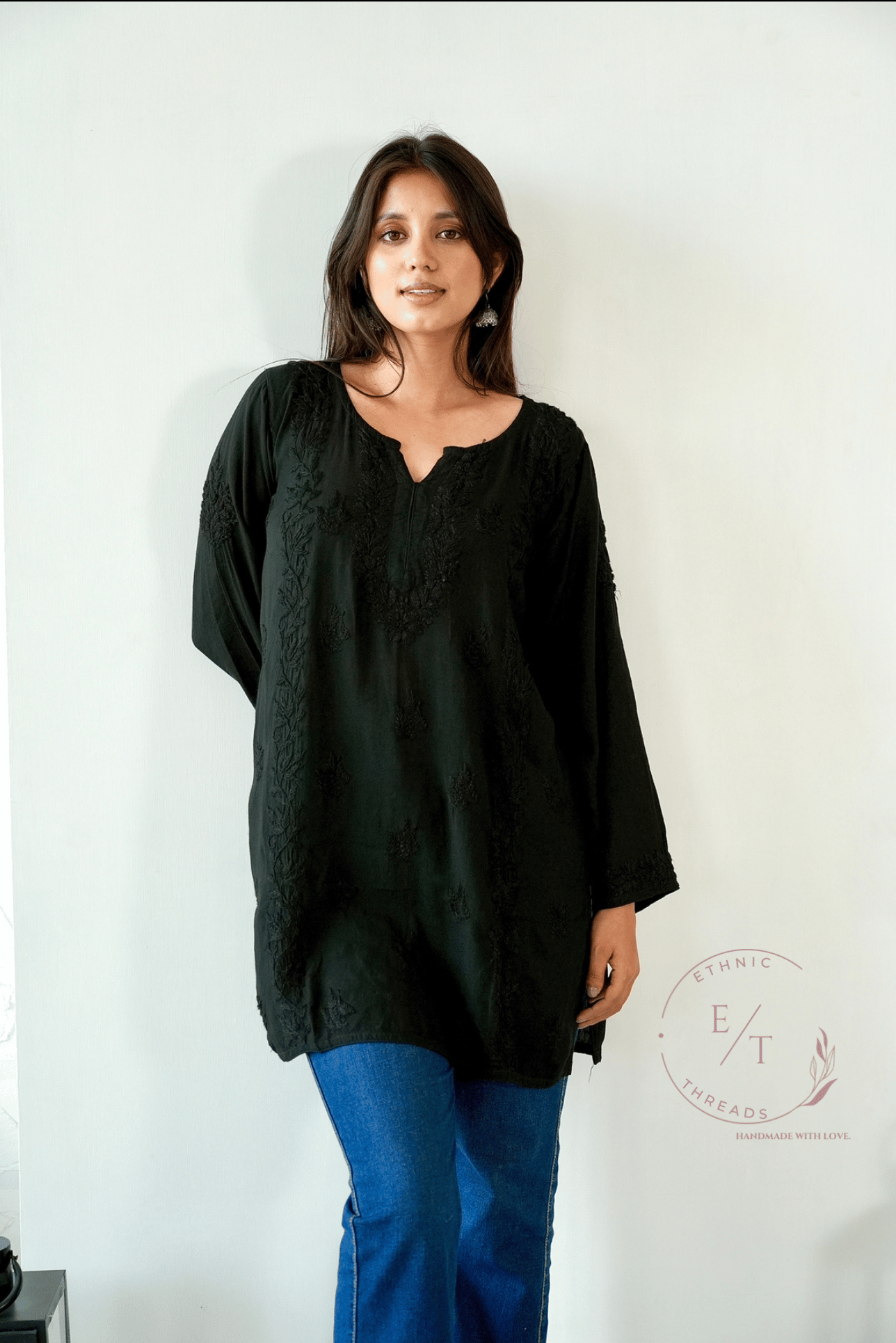 Ira chikankari linen top in Black