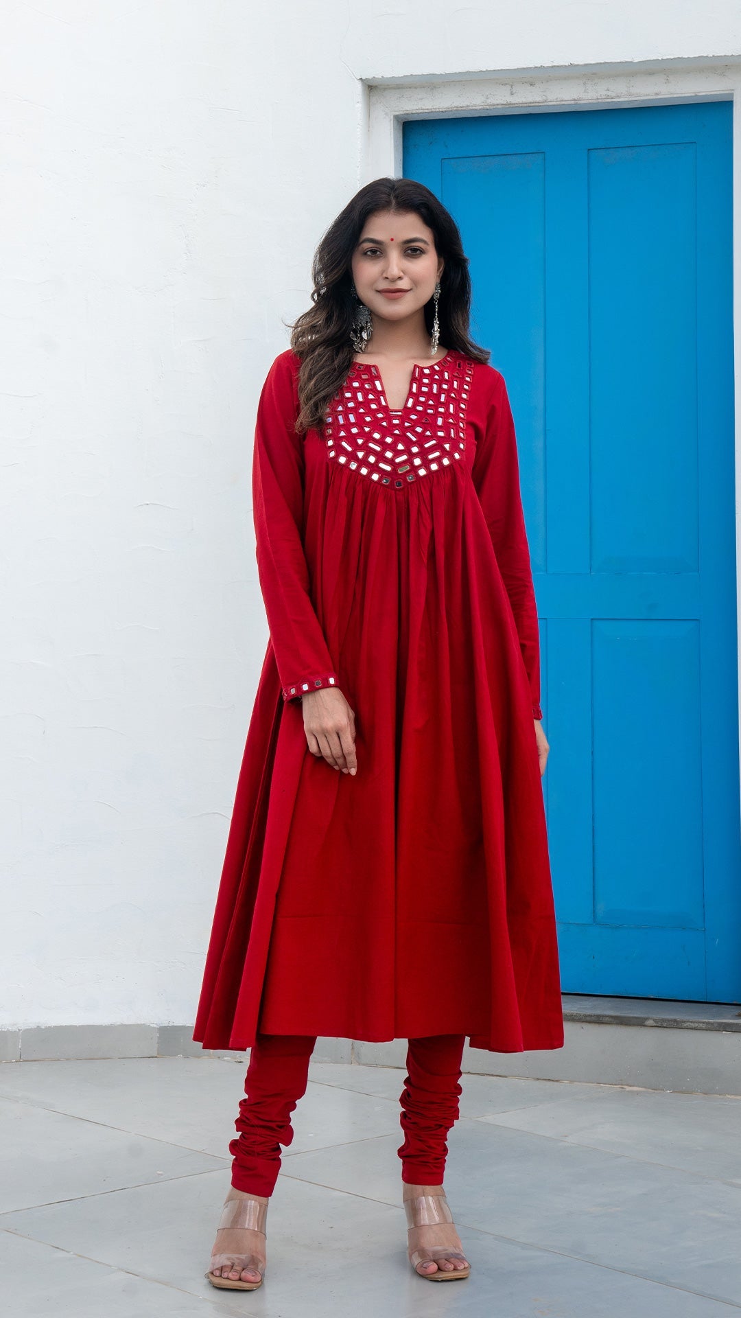 Red Mirror Embroidered Kurta In Cotton