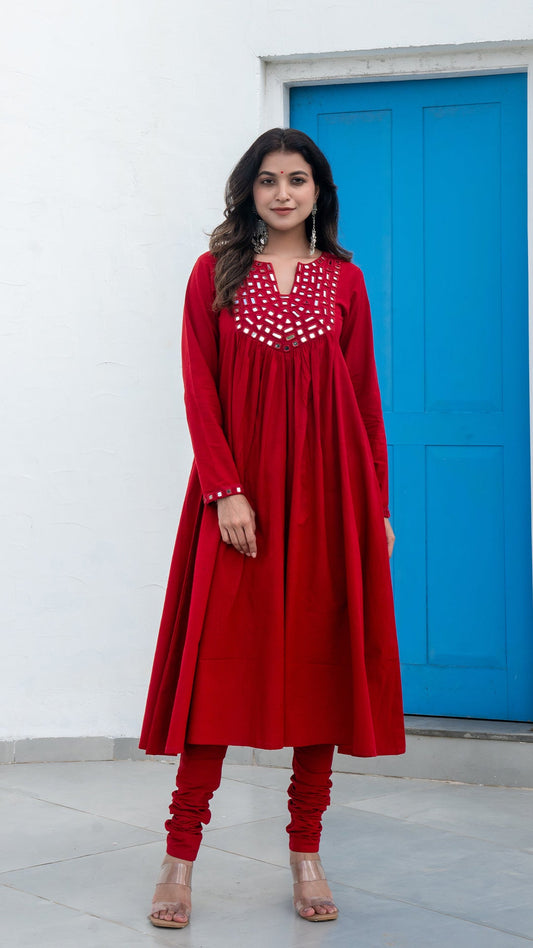 Red Mirror Embroidered Kurta In Cotton