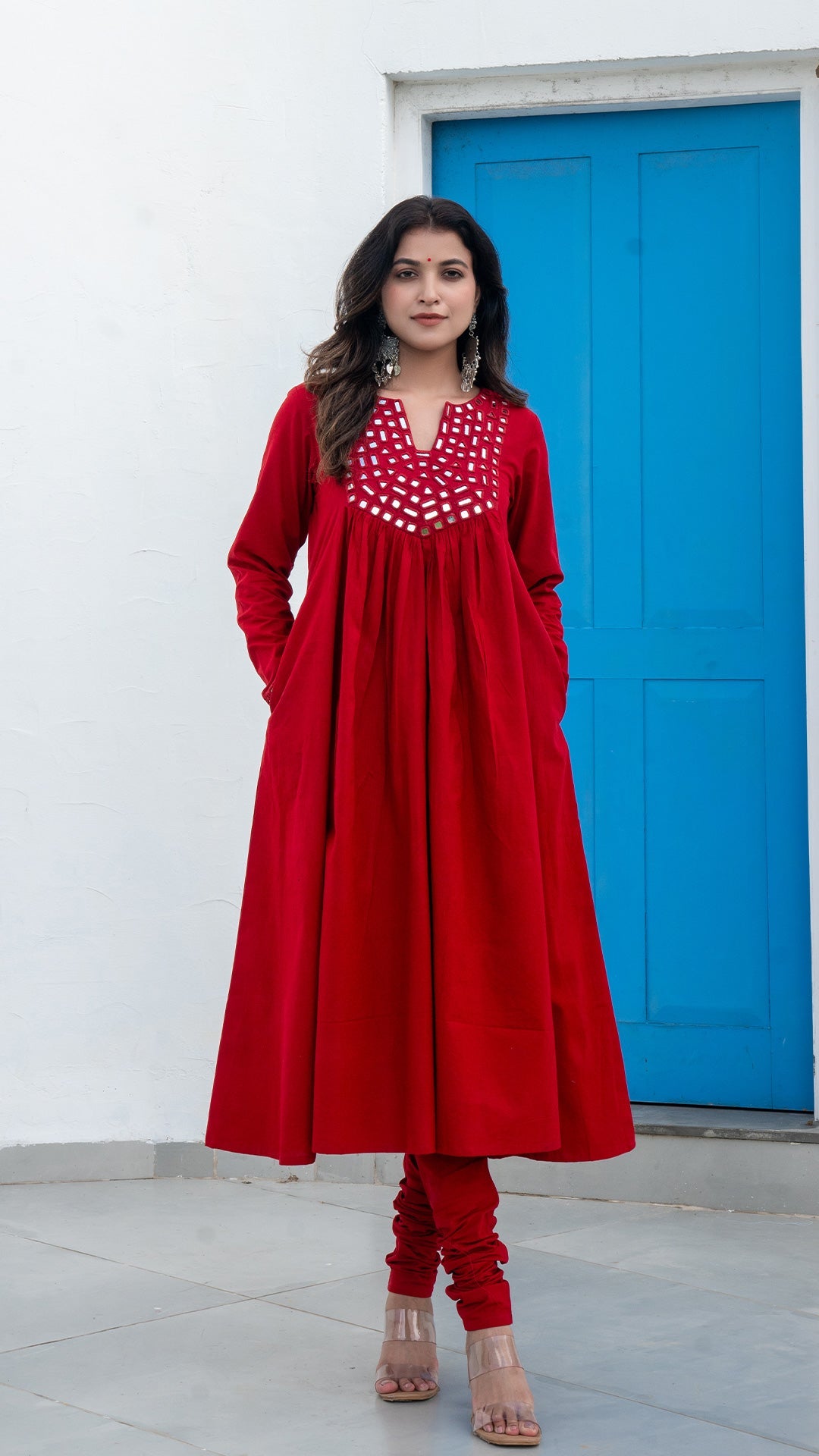 Red Mirror Embroidered Kurta In Cotton