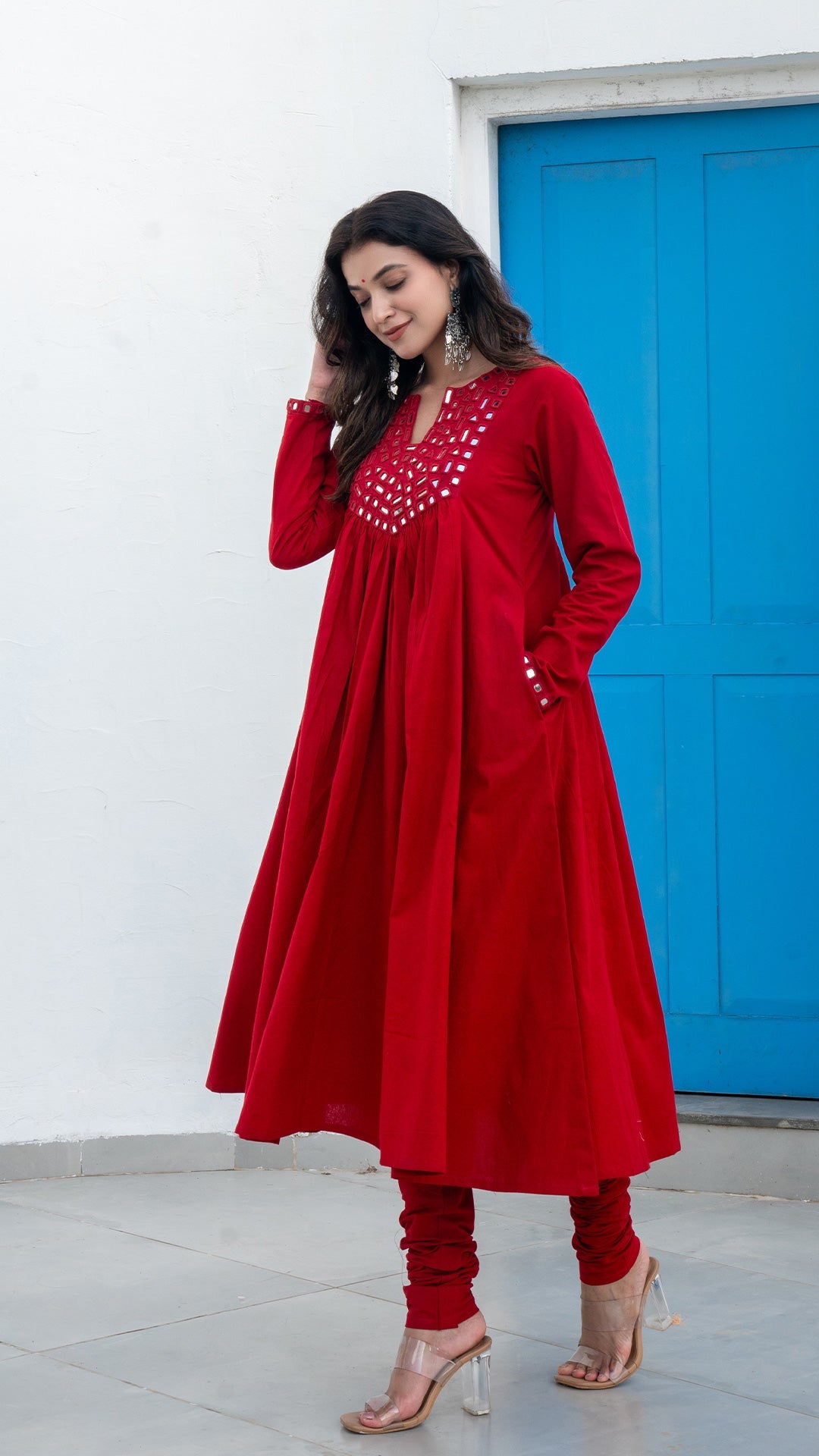 Red Mirror Embroidered Kurta In Cotton