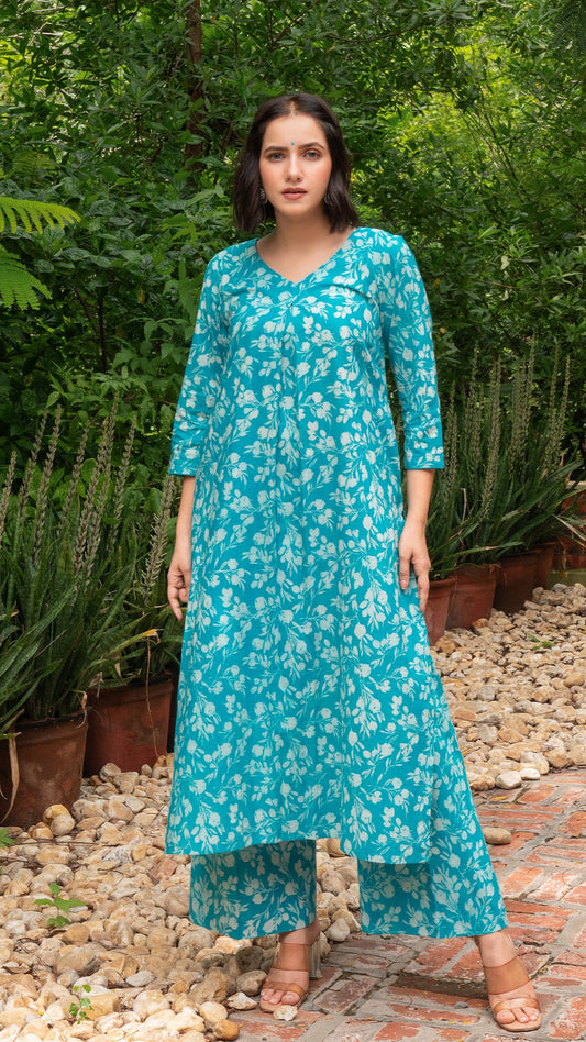 Turquoise Dabu Hand Block Cotton Kurta