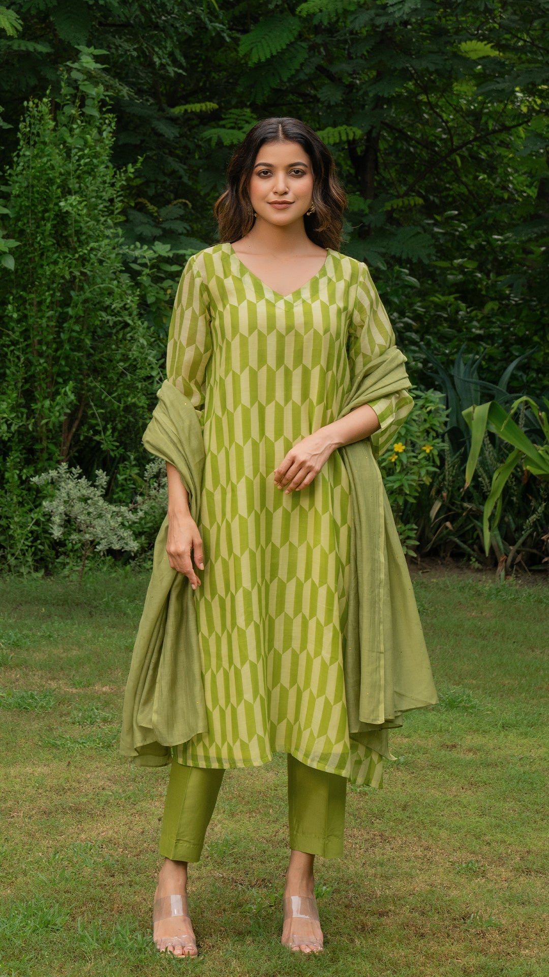 Green Geometric Print Mul Chanderi Kurta