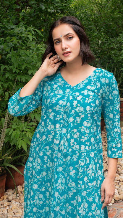 Turquoise Dabu Hand Block Cotton Kurta