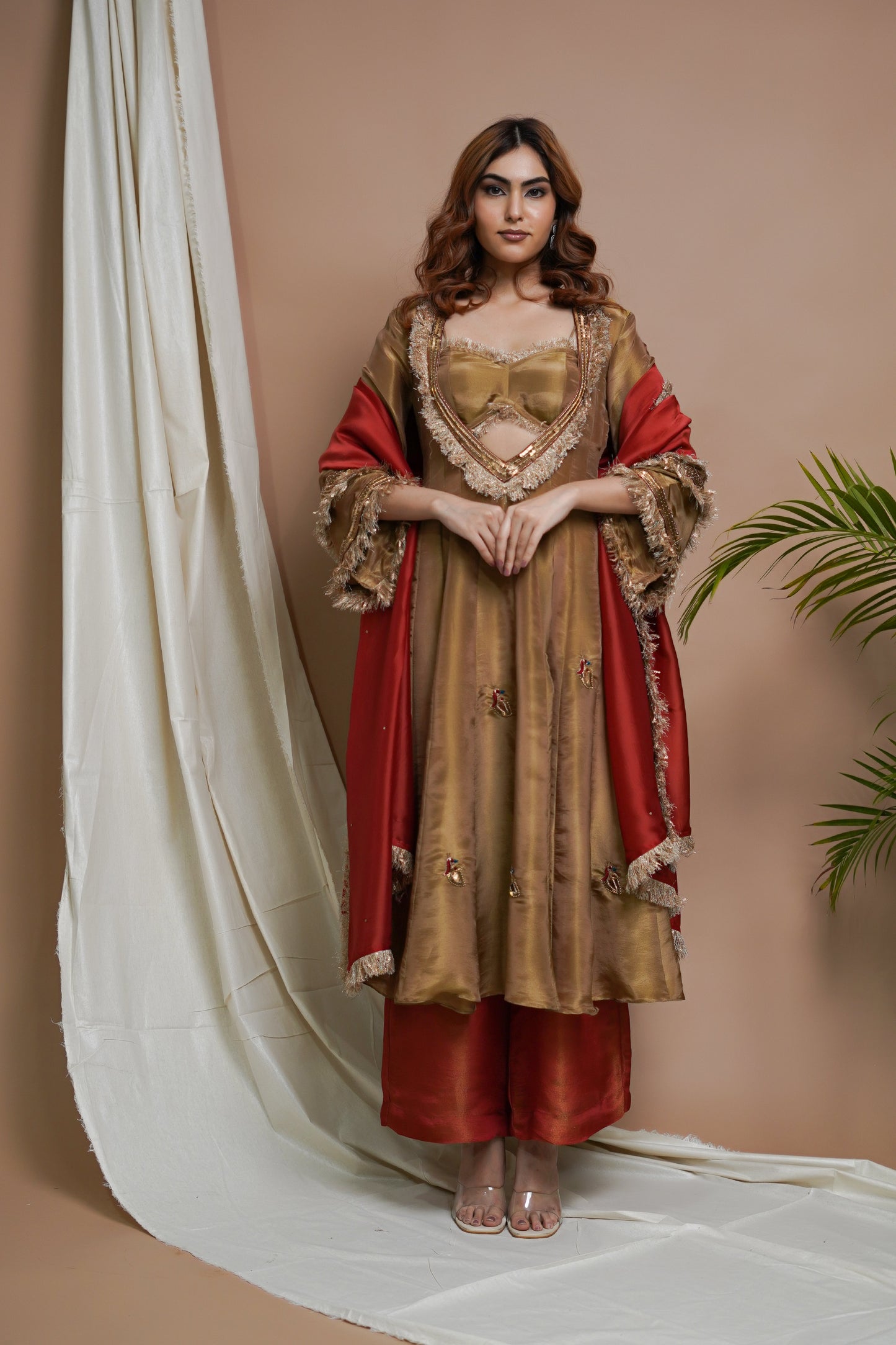 GOLDEN TISSUE SILK ANARKALI SUIT SET  (SET OF 4)