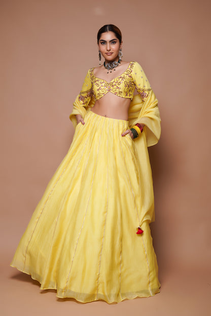 YELLOW CHANDERI LEHENGA SET (SET OF 3)