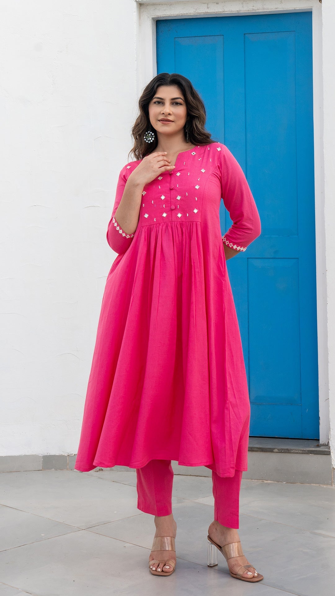 Light Pink Mirror Embroidered Kurta In Cotton