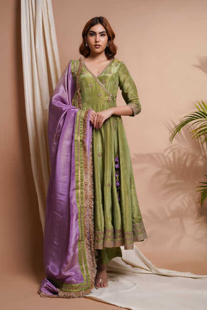 GREEN PURPLE TISSUE SILK ANGRAKHA ANARKALI SET  (SET OF 3)