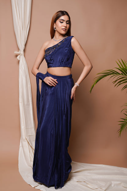 NAVY PRE-STITCHED DRAPED SAREE