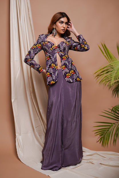 VIOLET DIGITAL PRINTED COAT AND  DRAPE  SKIRT SET  (SET OF 2)