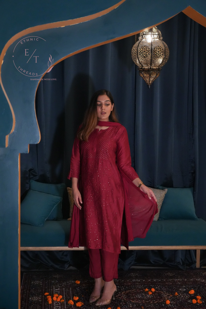 Shama chikankari and mukaish chanderi kurti in Maroon