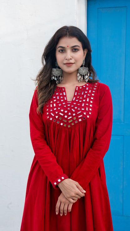 Red Mirror Embroidered Kurta In Cotton