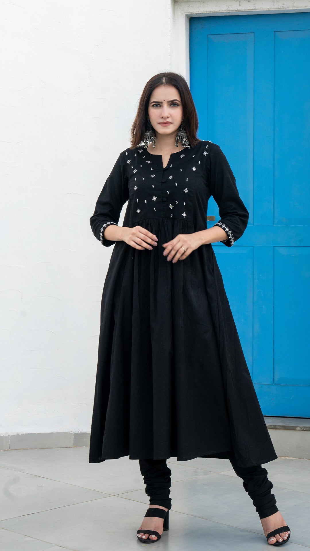 Black Mirror Embroidered Kurta In Cotton