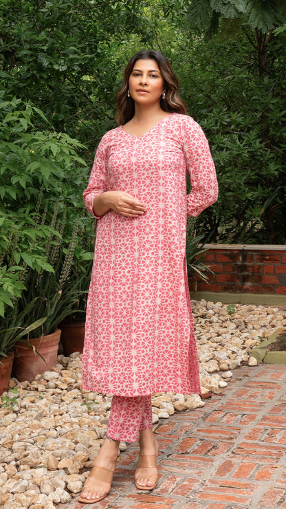 Aasia Dabu Hand Block Cotton Kurta - Pink