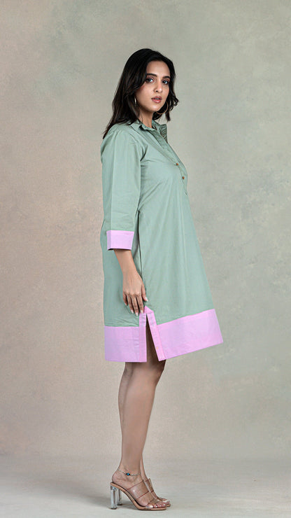 Sage Green Short Dress In Organic Cotton