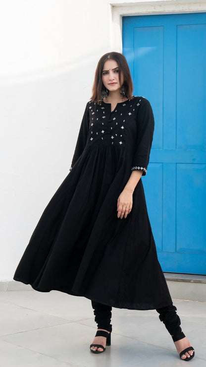 Black Mirror Embroidered Kurta In Cotton