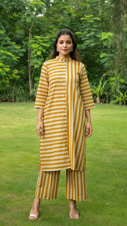 Mustard Stripes Hand Block Cotton Kurta