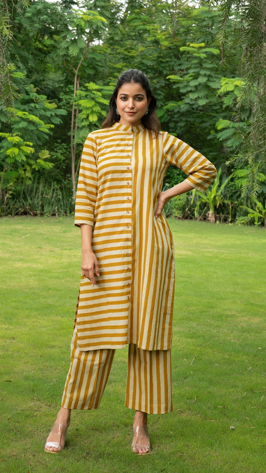 Mustard Stripes Hand Block Cotton Kurta