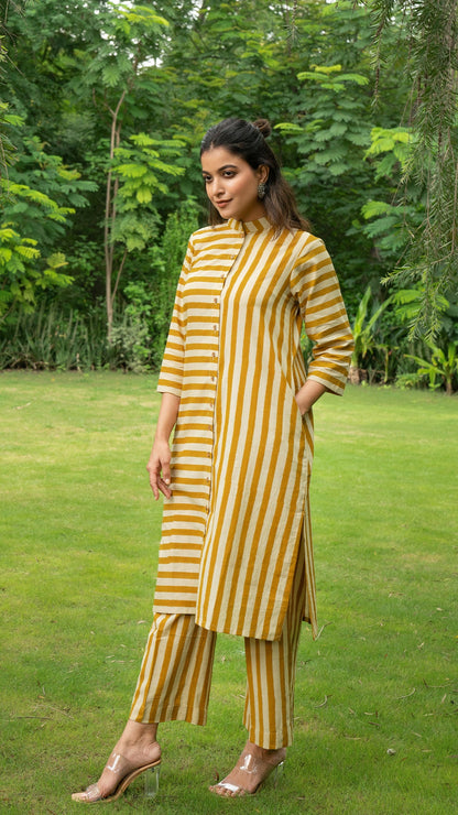 Mustard Stripes Hand Block Cotton Kurta