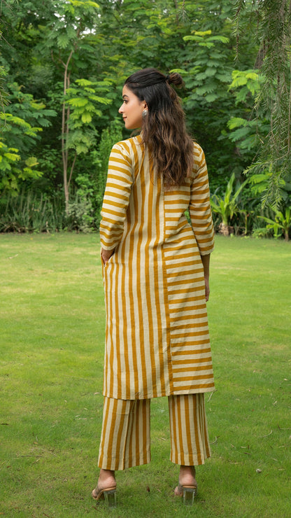 Mustard Stripes Hand Block Cotton Kurta