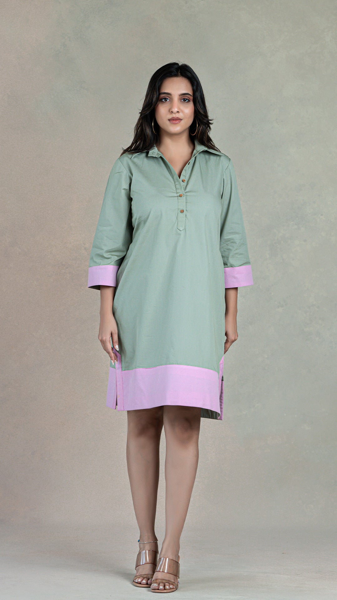 Sage Green Short Dress In Organic Cotton