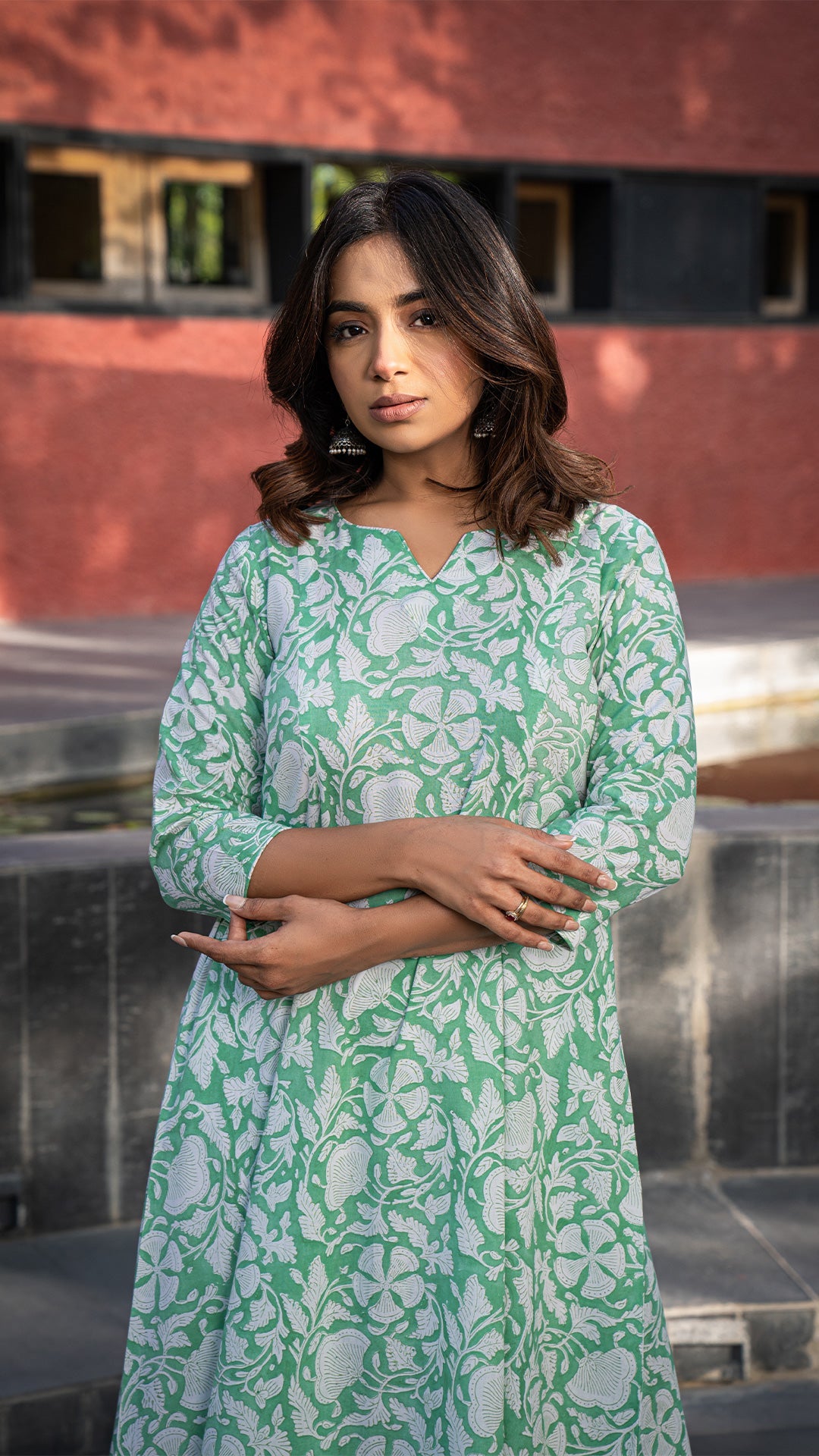 Farah Sanganeri Floral Jaal Kali Cotton Kurta - Pastel Green