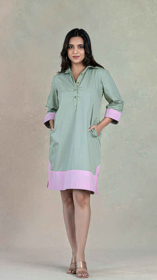 Sage Green Short Dress In Organic Cotton