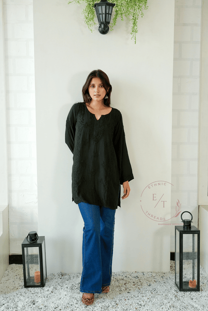 Ira chikankari linen top in Black