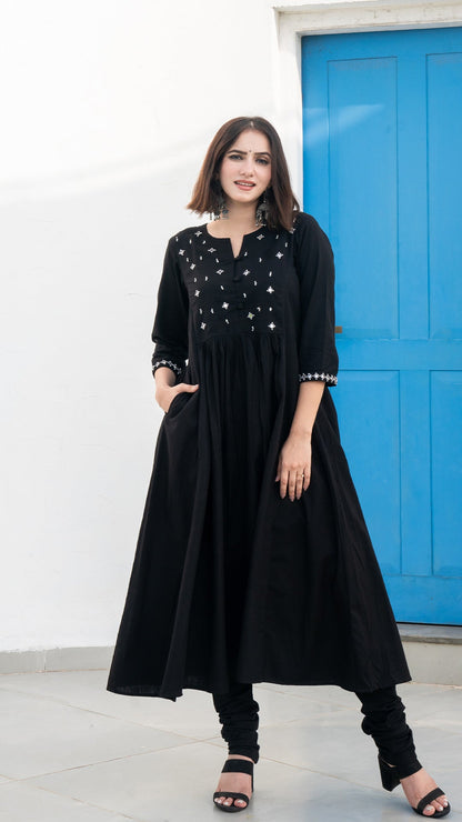 Black Mirror Embroidered Kurta In Cotton