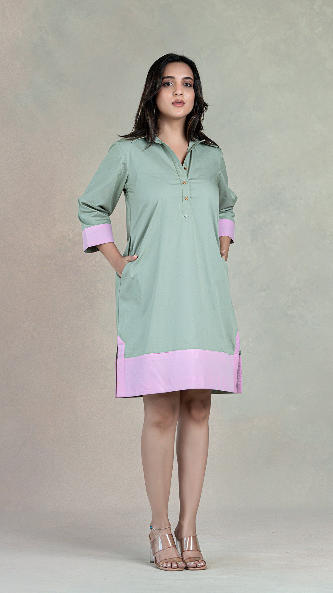 Sage Green Short Dress In Organic Cotton