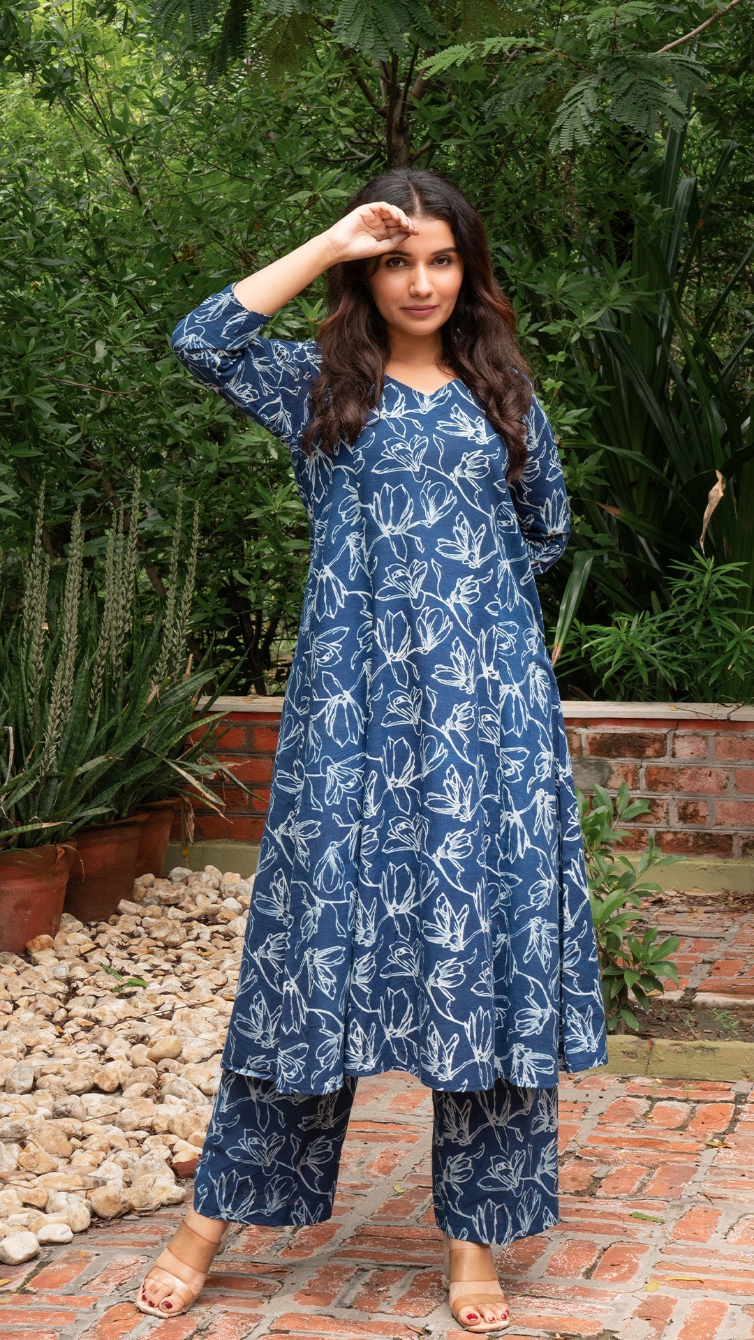 Anaisha Dabu Block Print Kali Kurta In Cotton - Indigo