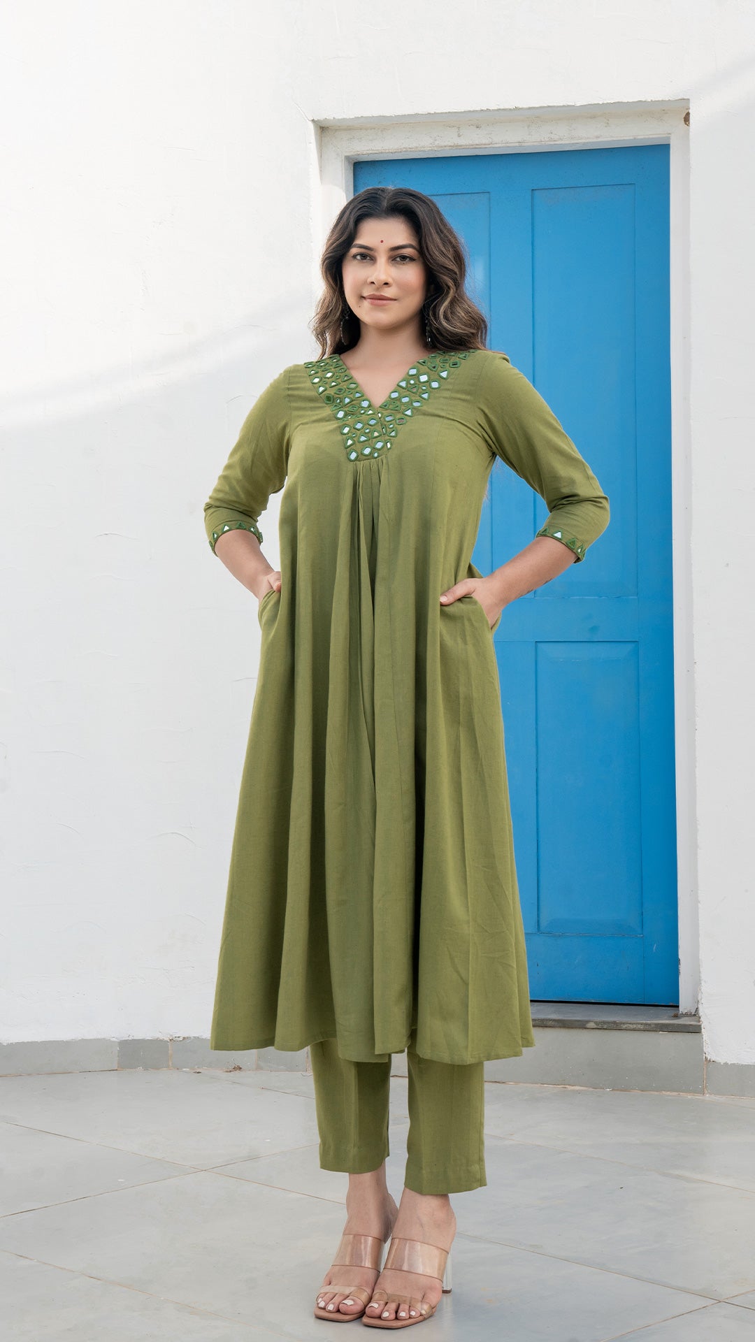 Olive Green Mirror Embroidered Kurta In Cotton