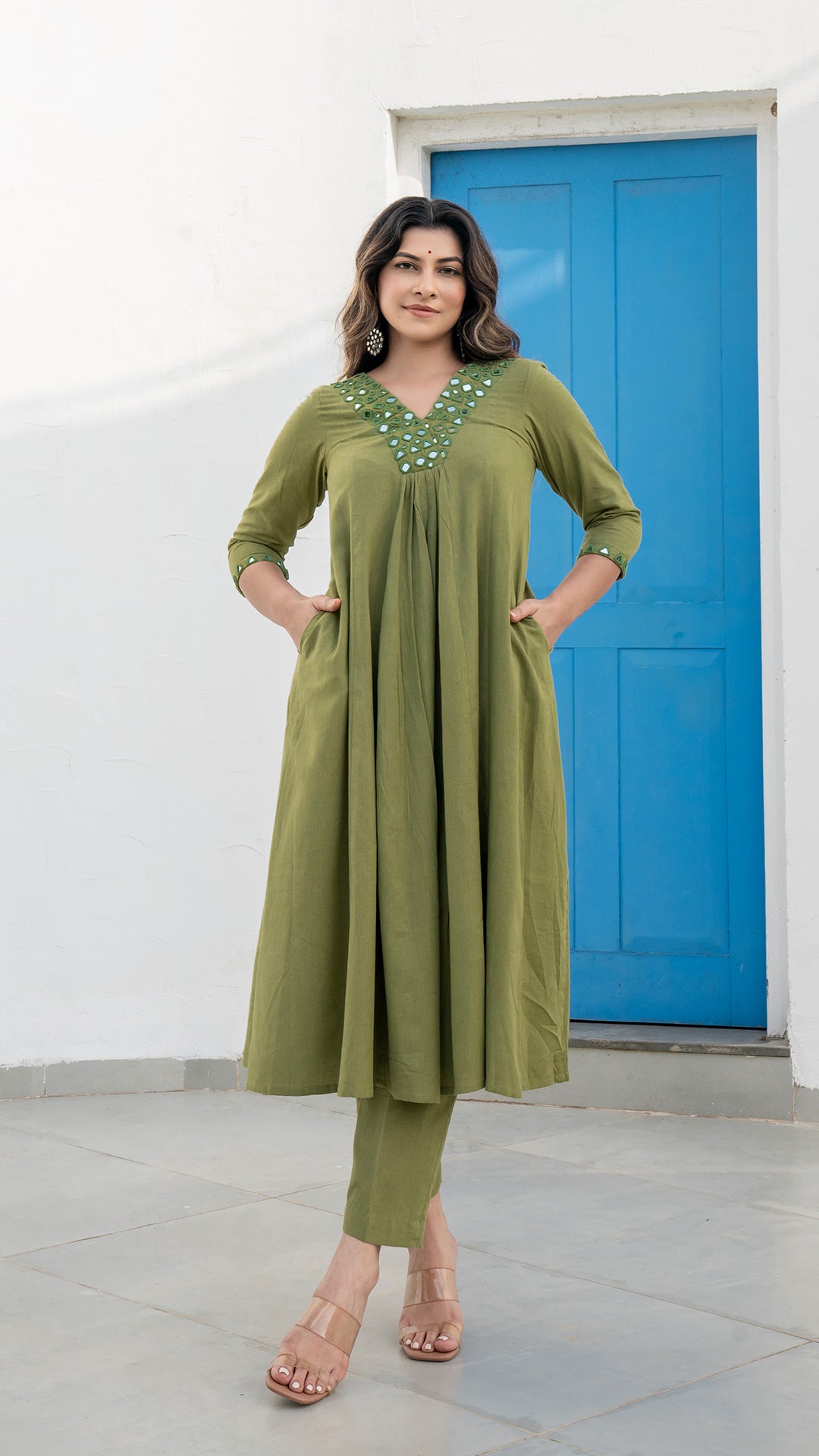 Olive Green Mirror Embroidered Kurta In Cotton