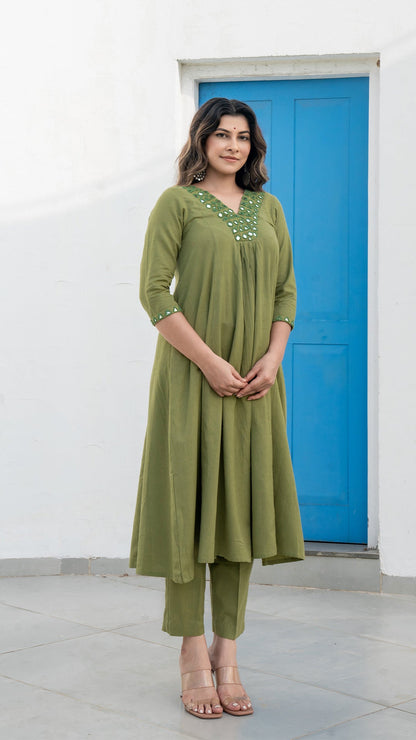 Olive Green Mirror Embroidered Kurta In Cotton