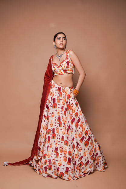 CREAM DIGITAL PRINT LEHENGA SET (SET OF 3)