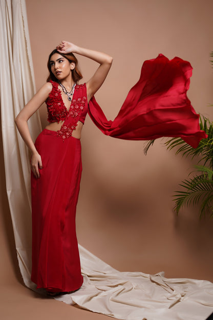 RED PRE-STITCHED DRAPED SAREE