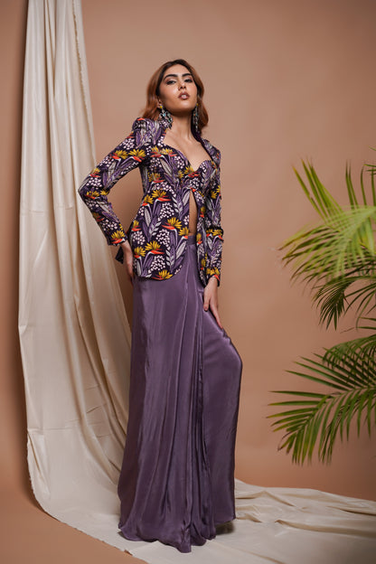 VIOLET DIGITAL PRINTED COAT AND  DRAPE  SKIRT SET  (SET OF 2)